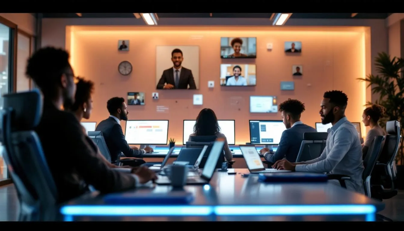 A diverse team collaborating with a virtual project manager.
