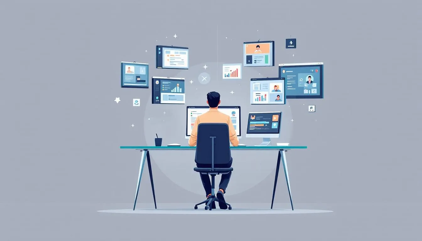 A virtual project manager coordinating a team online using various tools.