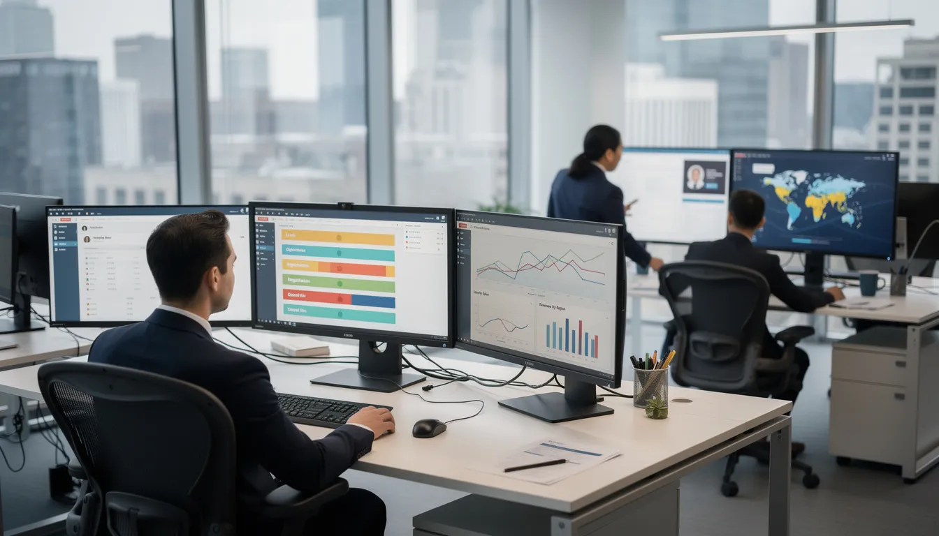 A group of sales professionals is collaborating at a workspace filled with multiple screens displaying customer relationship management (CRM) data and analytics, enhancing their sales process and efforts. This dynamic environment highlights the importance of utilizing a dedicated sales team for effective lead generation and driving revenue growth.
