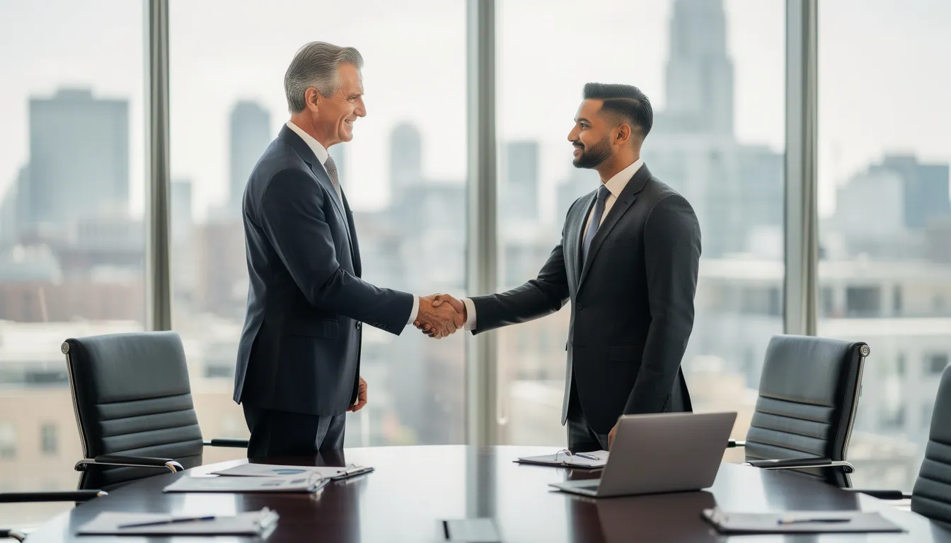 The image depicts a professional business handshake between two executives, symbolizing a strategic partnership aimed at enhancing sales growth through collaboration. This gesture represents the importance of outsourcing sales efforts and leveraging specialized expertise to drive revenue and improve customer relationship management.