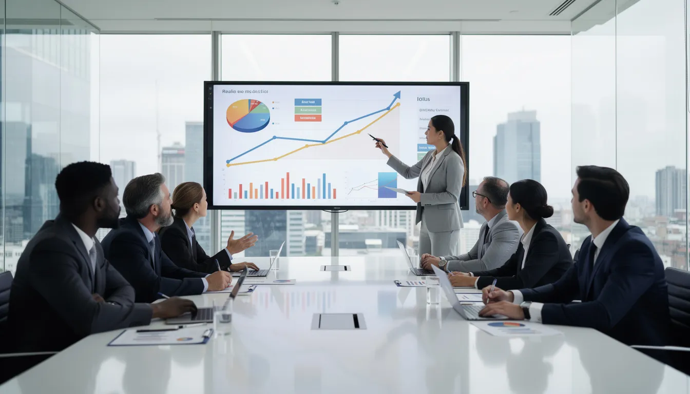 A diverse team of sales professionals is engaged in a business meeting, discussing charts and graphs that illustrate their sales pipeline and strategies for improving their sales process. The focus is on enhancing sales growth through effective collaboration between internal sales teams and outsourced sales partners.