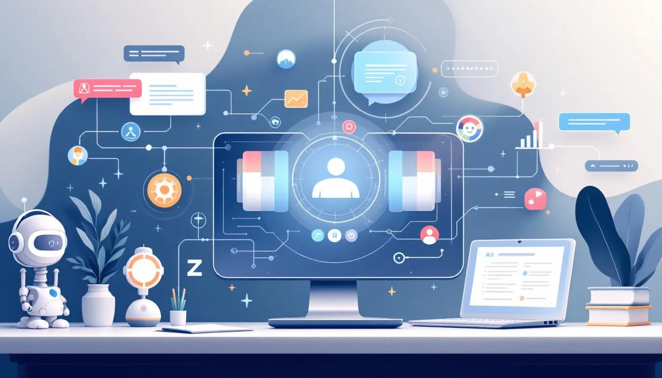 A futuristic illustration depicting the evolving roles of virtual assistants in the workplace, showcasing advanced AI capabilities.