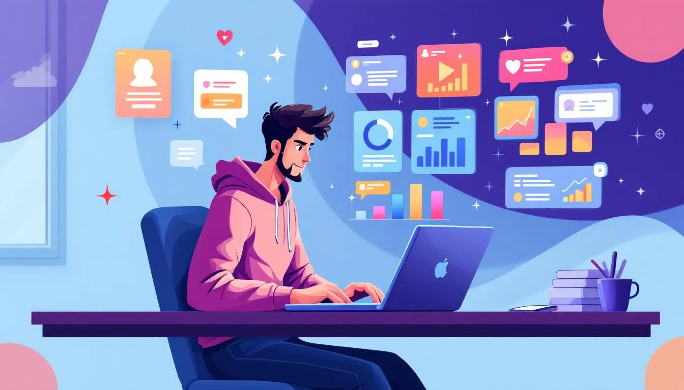 A virtual assistant working on a laptop, managing social media accounts.