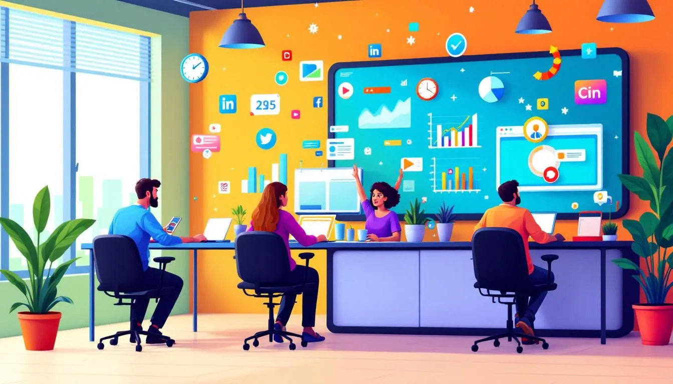 A team collaborating on hiring social media virtual assistants.