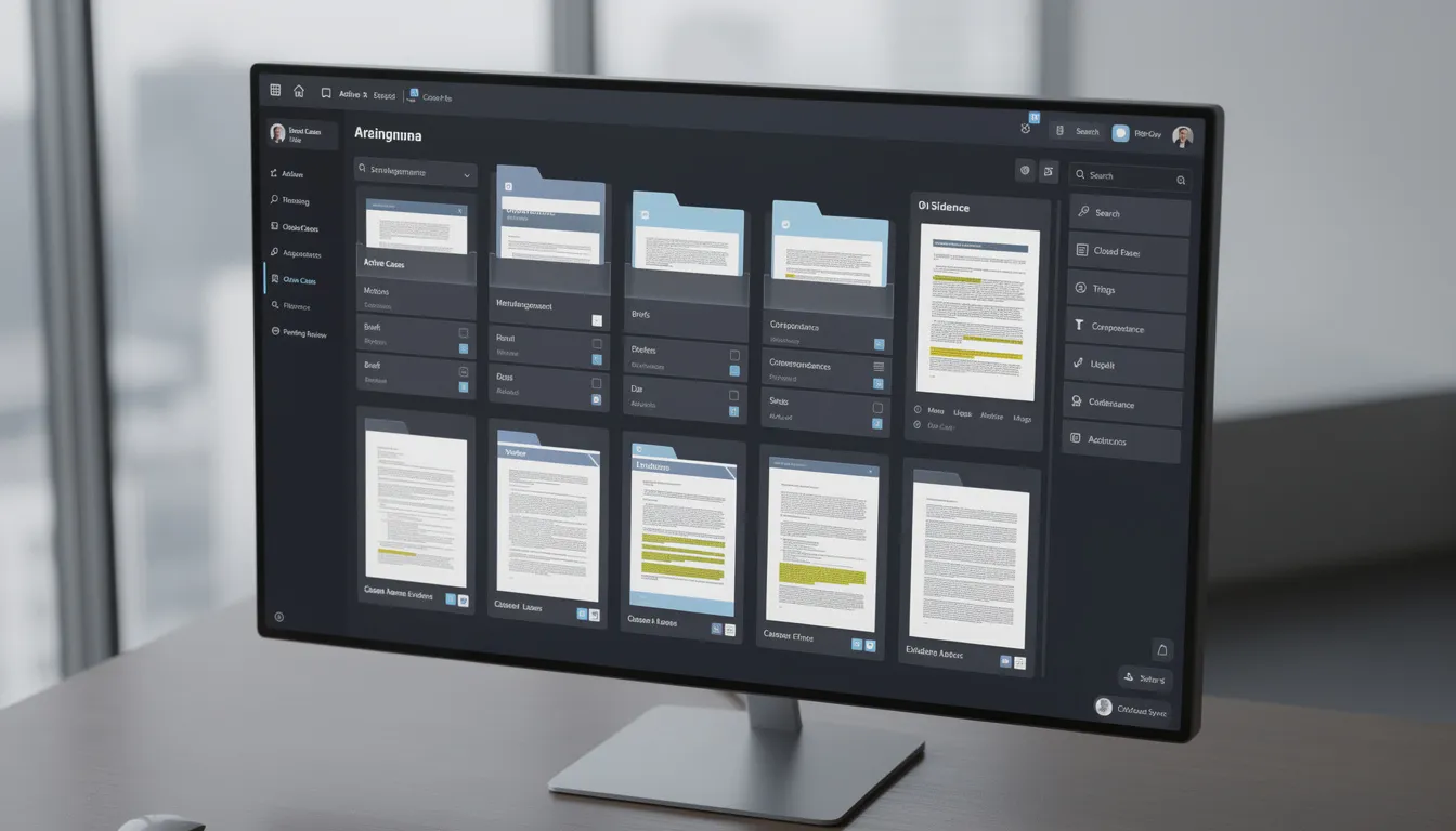 The image showcases an organized digital file management system, featuring neatly arranged case files and legal documents that assist law firms in managing their administrative tasks efficiently. This system is designed to enhance productivity for legal professionals, including virtual legal assistants, by ensuring easy access to critical client information and case details.