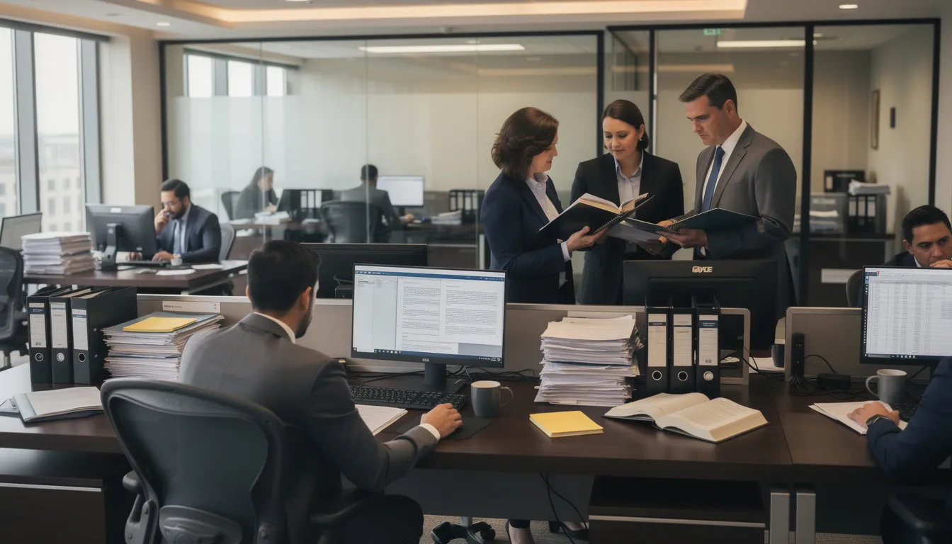 The image depicts a bustling law firm office where busy attorneys are seated at their desks, surrounded by legal documents, computers, and various administrative tasks. This environment showcases the essential role of legal professionals and virtual legal assistants in managing client communications and case management efficiently.