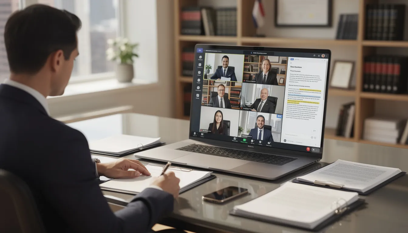 The image depicts a virtual meeting scene with legal professionals engaging in video conferencing, showcasing attorneys and legal assistants collaborating on case details and document management. They utilize communication tools and legal software to efficiently handle client communications and administrative tasks, enhancing productivity within law firms.