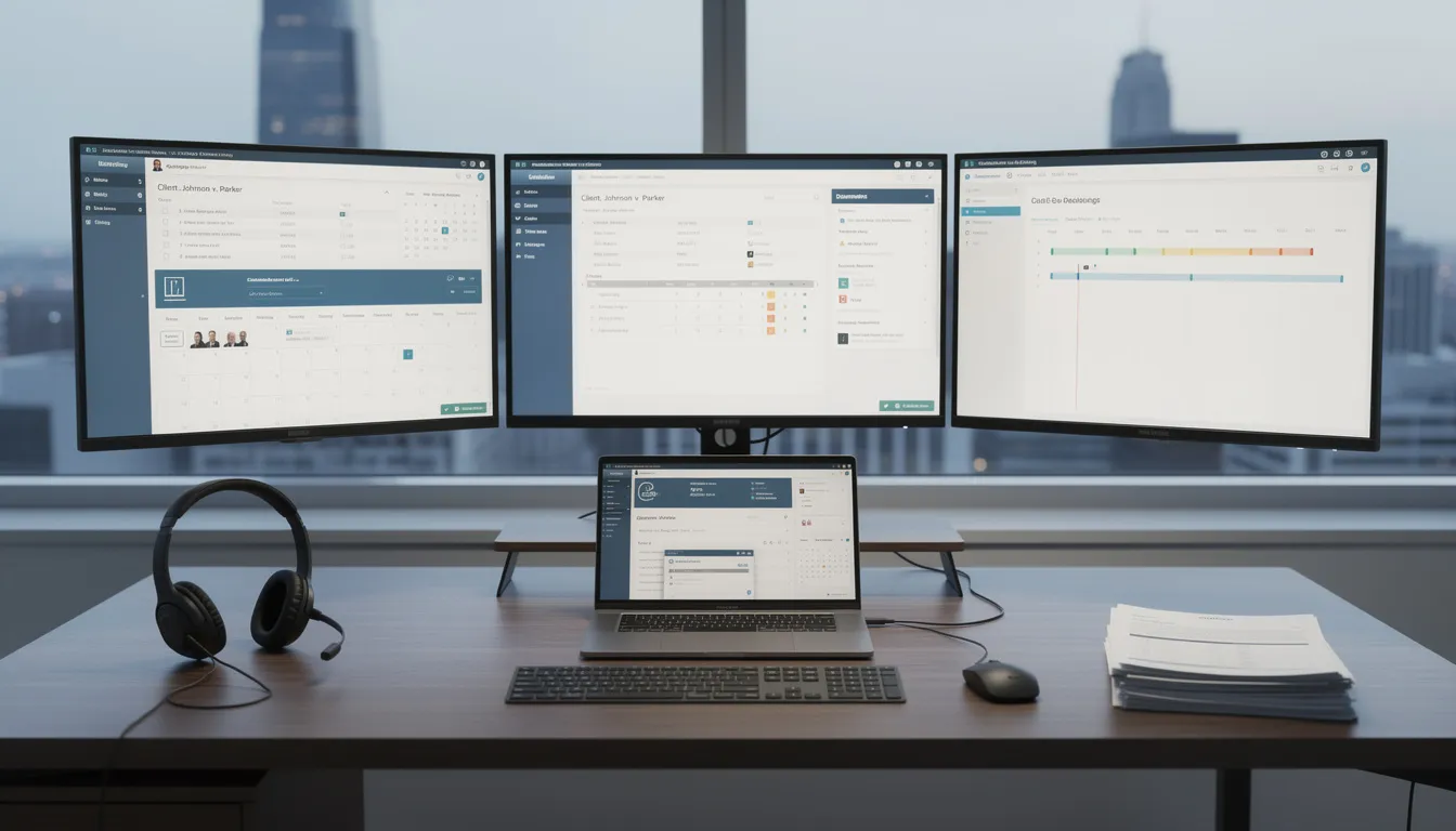 The image depicts a technology setup featuring multiple screens that showcase various legal software and case management systems, designed to enhance the productivity of law firms. This setup allows legal professionals, including virtual legal assistants, to efficiently manage client communications, document preparation, and administrative tasks.