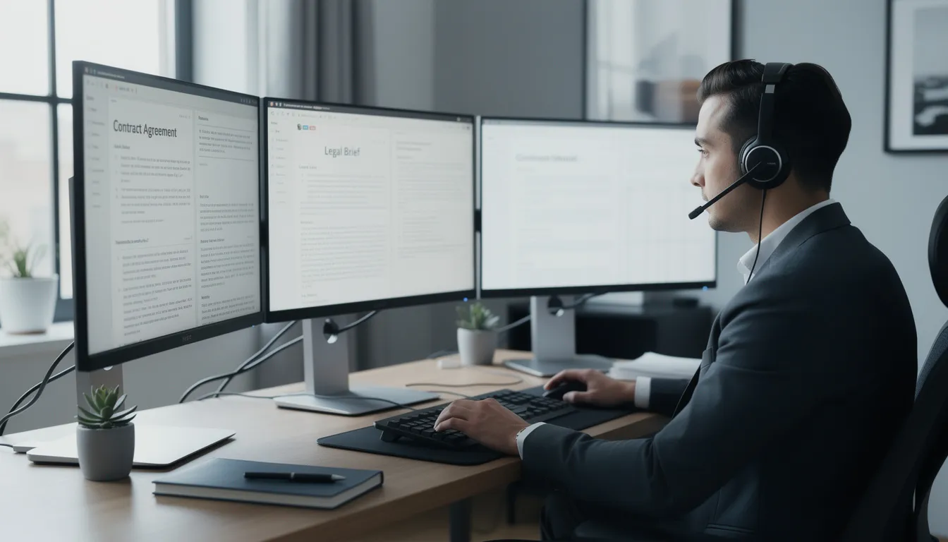 A professional virtual legal assistant is working remotely at a desk with multiple monitors displaying legal documents, showcasing their role in managing administrative tasks and legal research for law firms. The setup emphasizes the importance of document management and client communications in providing high-quality virtual legal assistant services.
